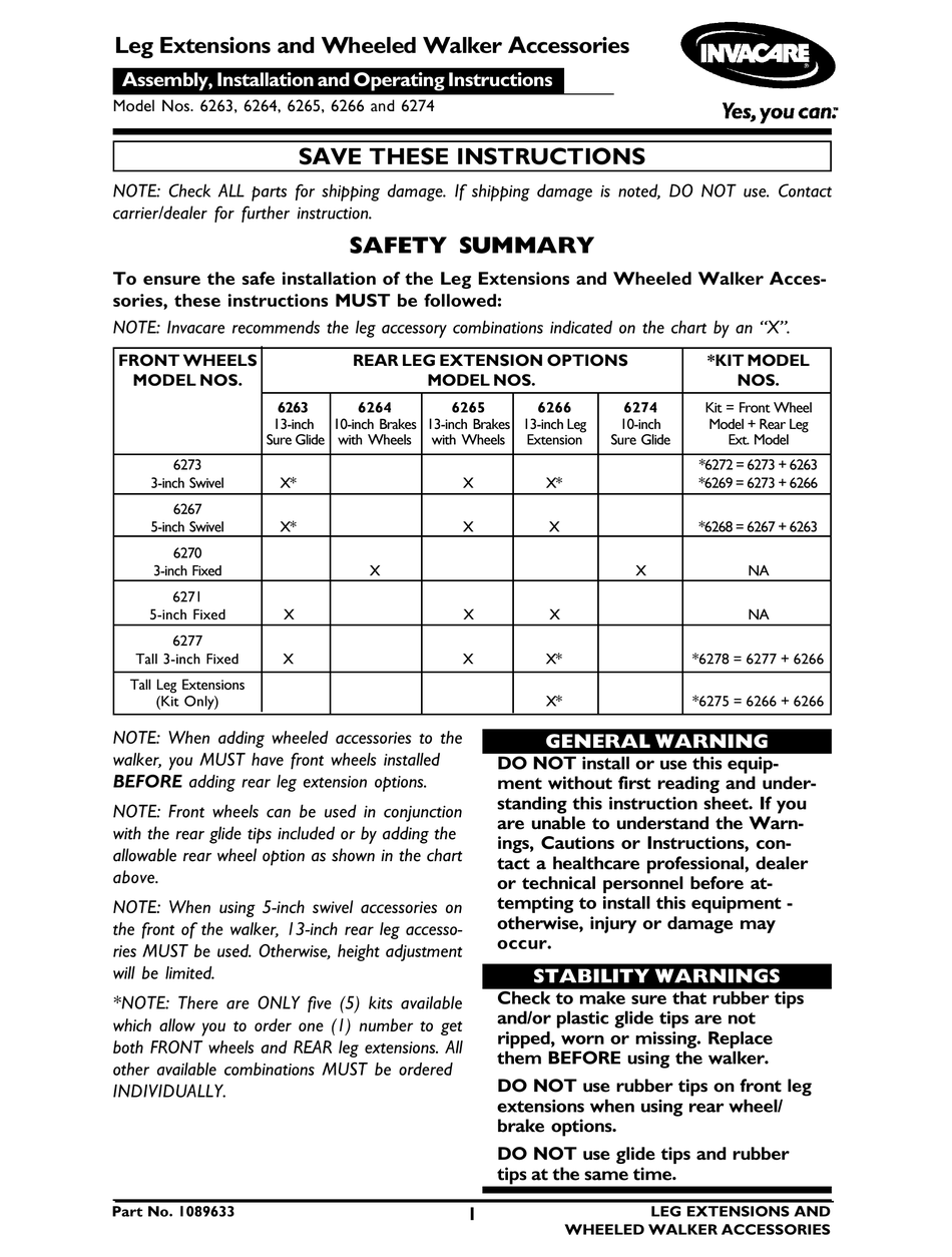 INVACARE 6263 INSTALLATION AND OPERATING INSTRUCTIONS MANUAL Pdf