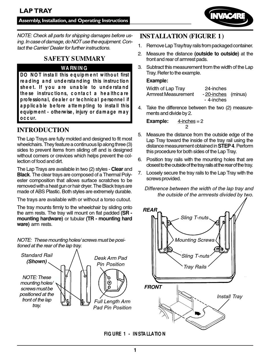 INVACARE LAP TRAY INSTALLATION & OPERATING INSTRUCTIONS Pdf Download ...