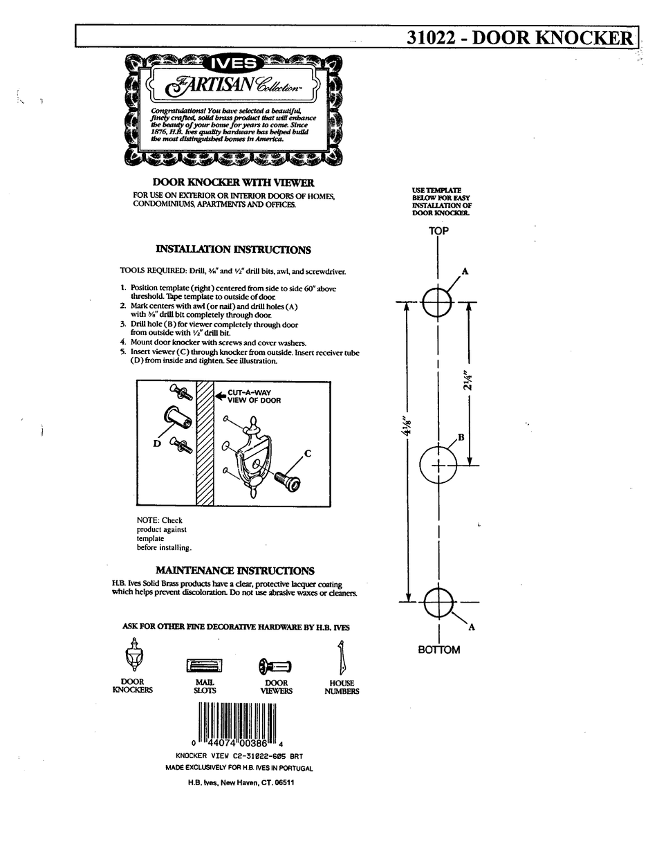 IVES ARTISAN 31022 INSTALLATION INSTRUCTIONS Pdf Download ManualsLib