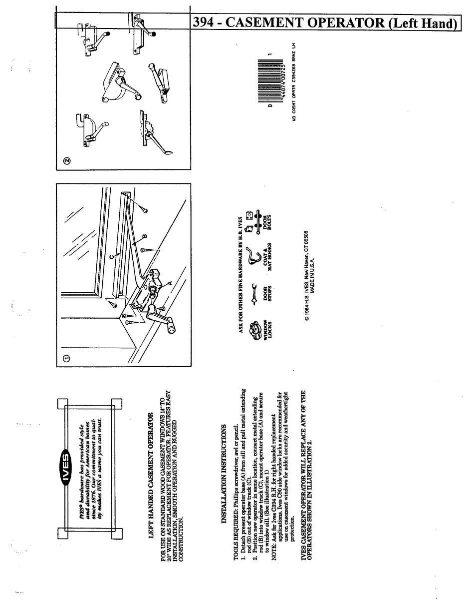 IVES CASEMENT OPERATOR 394 INSTALLATION INSTRUCTIONS Pdf Download