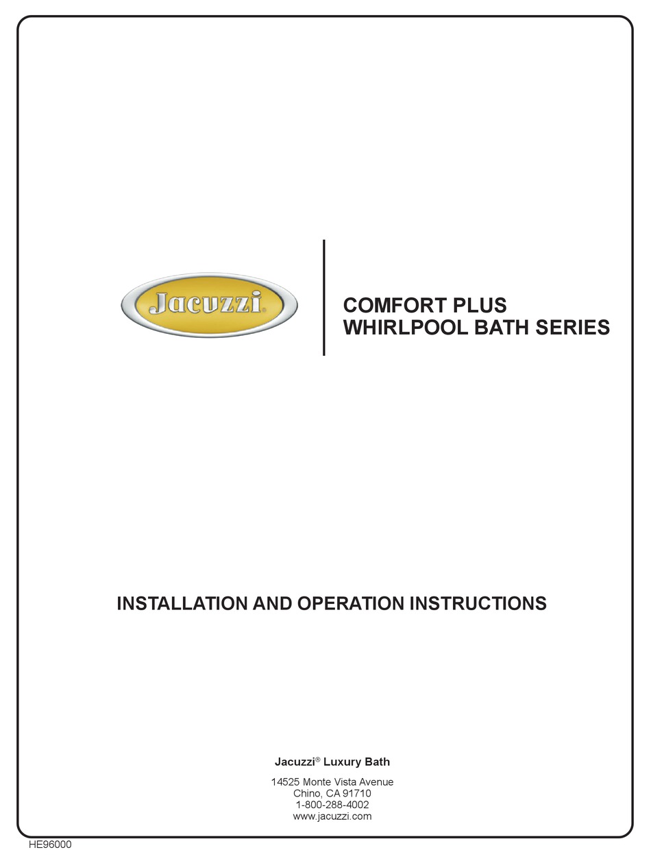 JACUZZI HE96000 INSTALLATION AND OPERATION INSTRUCTIONS MANUAL Pdf