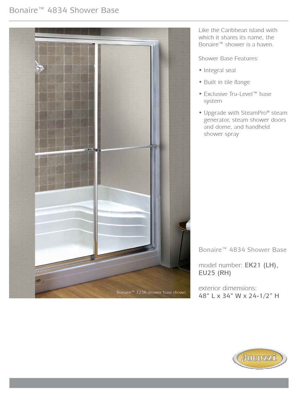 JACUZZI BONAIRE 4834 SHOWER BASE EK21 (LH) SPECIFICATION SHEET Pdf