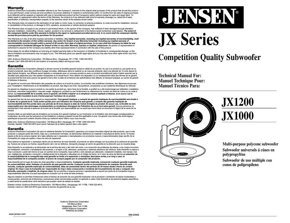 JENSEN JX1000 TECHNICAL MANUAL Pdf Download | ManualsLib