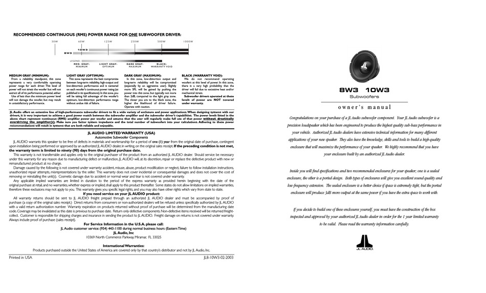 Jl Audio 10w3 Owner S Manual Pdf Download Manualslib