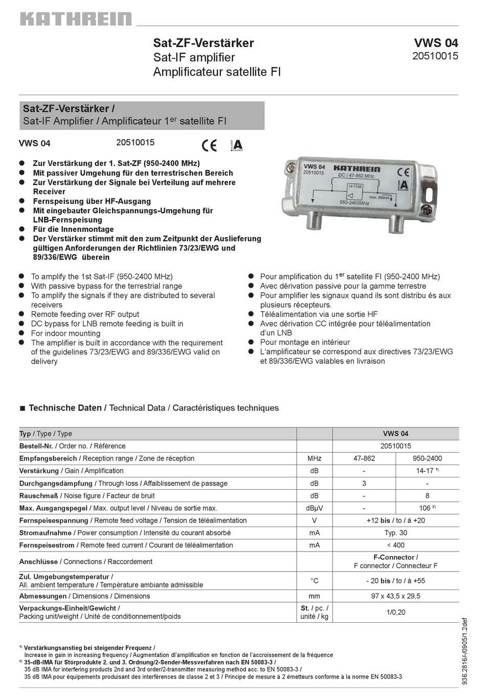 KATHREIN VWS 04 SPECIFICATION SHEET Pdf Download | ManualsLib