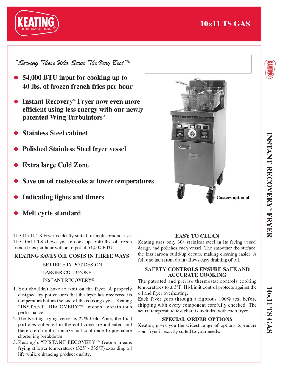 KEATING OF CHICAGO INSTANT RECOVERY 10X11 TS GAS SPECIFICATION SHEET