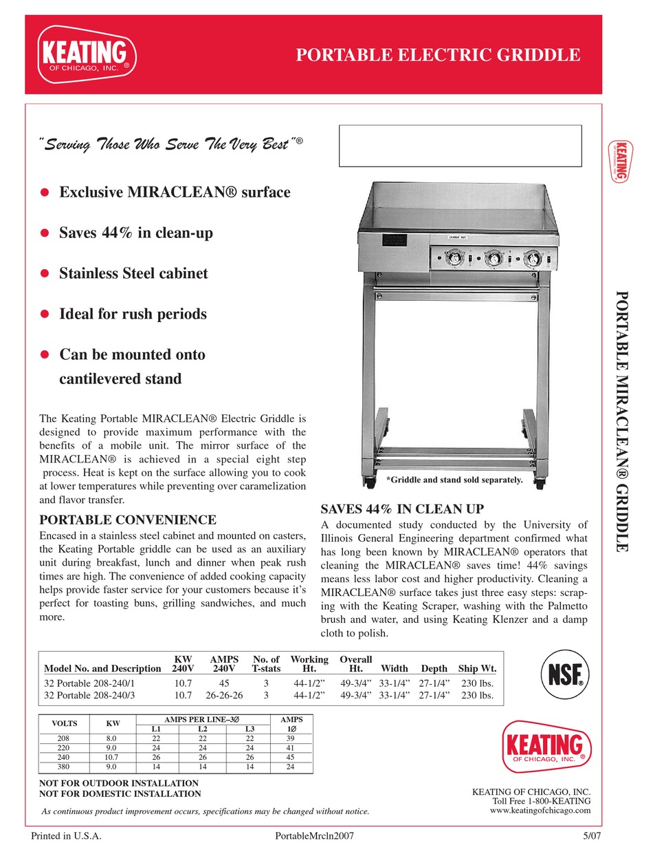KEATING OF CHICAGO MIRACLEAN 208240/1 SPECIFICATION SHEET Pdf Download