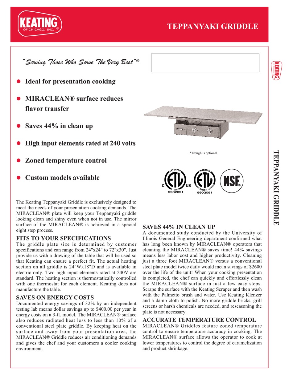 KEATING OF CHICAGO TEPPANYAKI TEPPANYAKI GRIDDLE SPECIFICATION SHEET