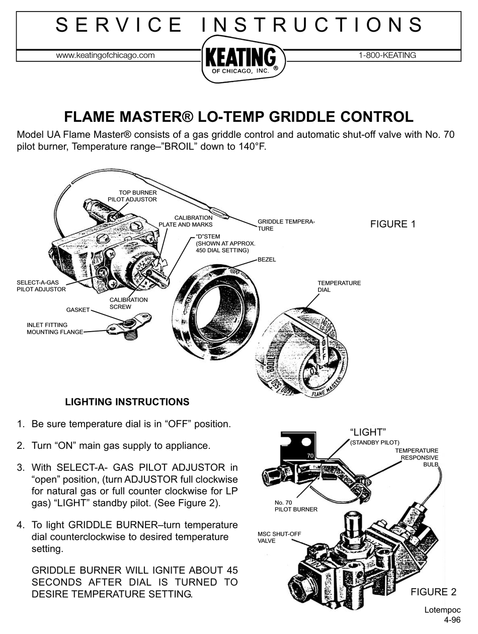 KEATING OF CHICAGO UA FLAME MASTER LOTEMP GRIDDLE SERVICE INSTRUCTIONS