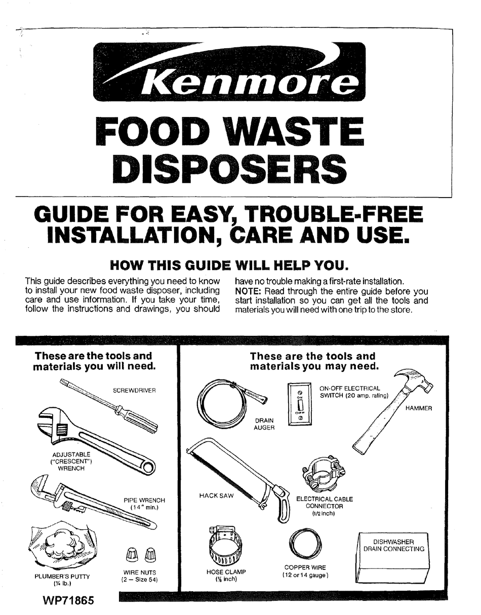 KENMORE GARBAGE DISPOSAL INSTALLATION & USE MANUAL Pdf Download