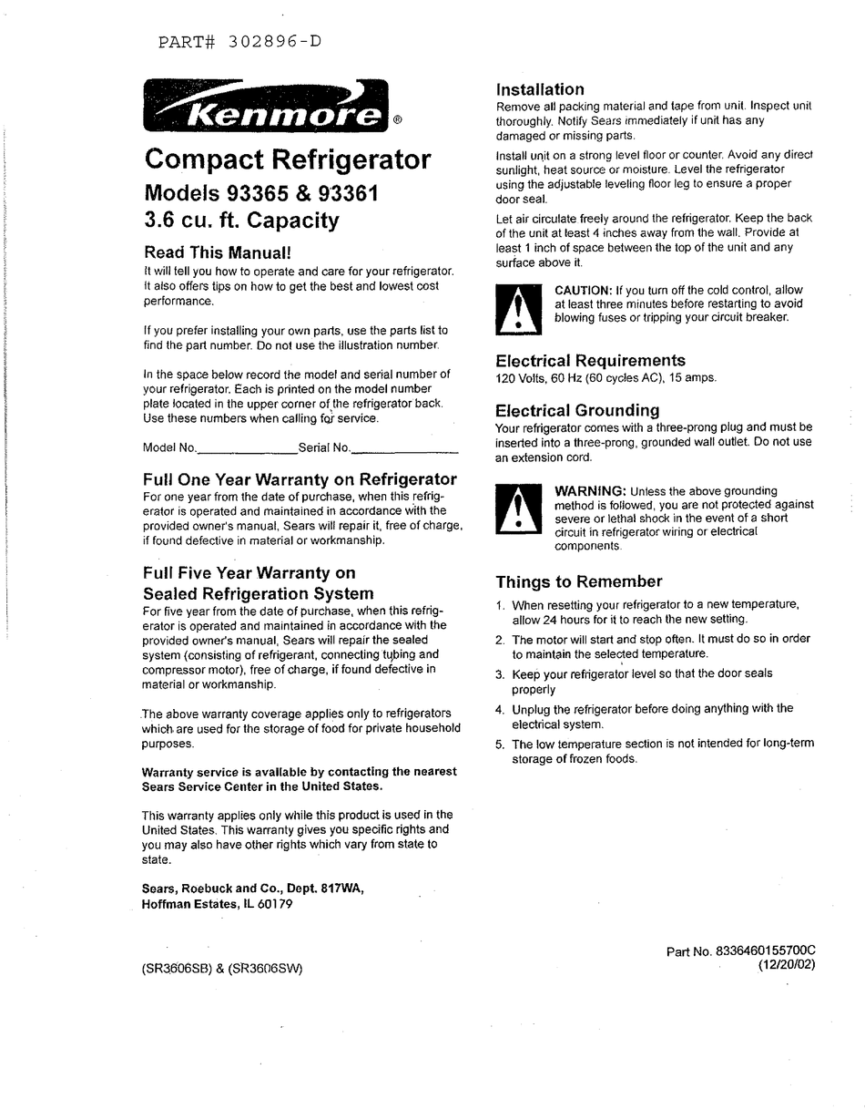 Kenmore 93361 User Manual Pdf Download Manualslib