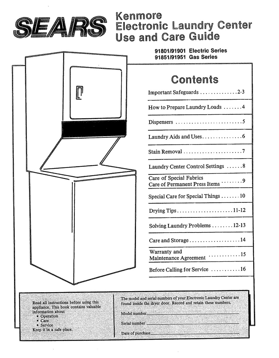 KENMORE SEARS 91801191901 USE & CARE MANUAL Pdf Download ManualsLib