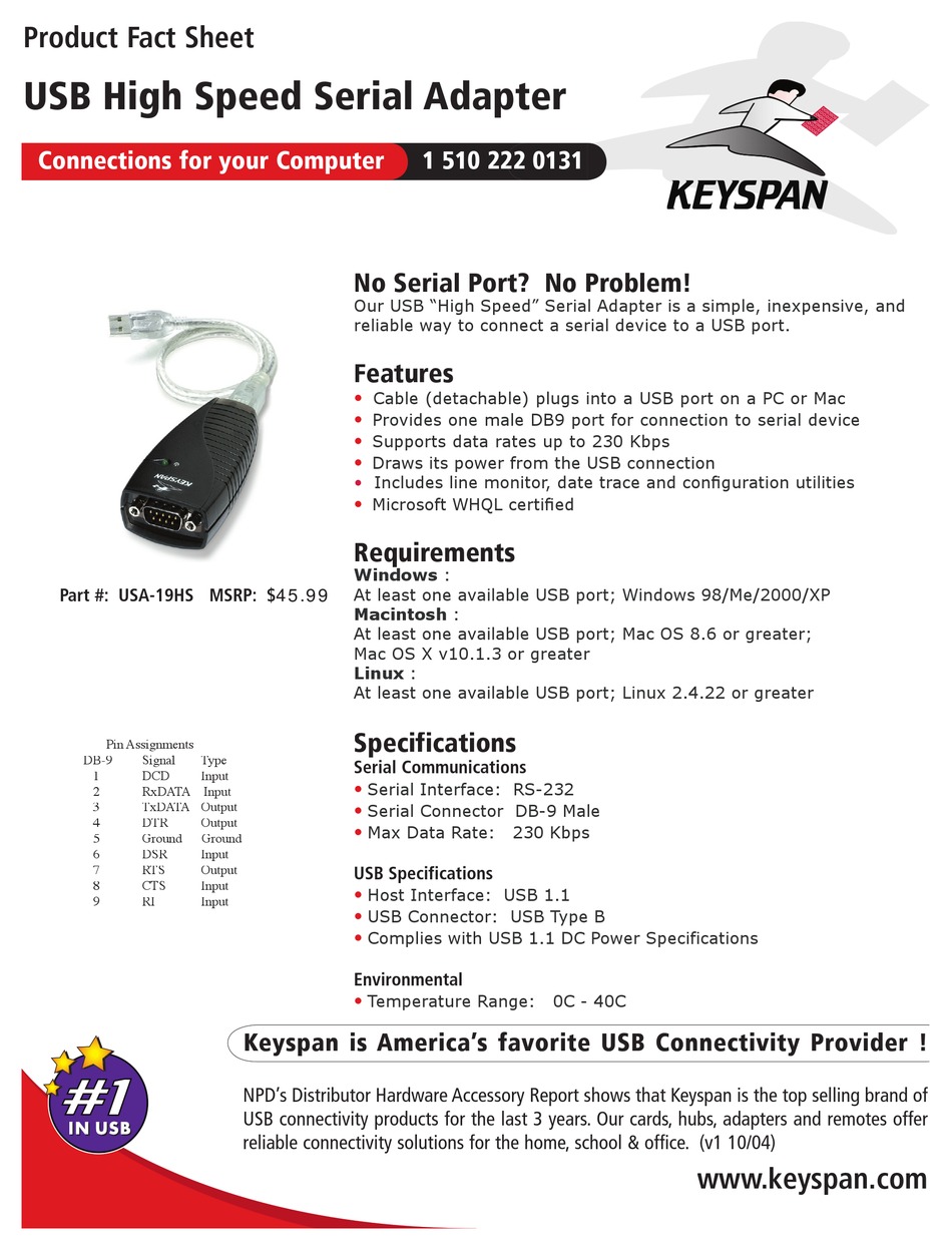 KEYSPAN HIGH SPEED USB SERIAL ADAPTER USA19HS PRODUCT FACT SHEET Pdf