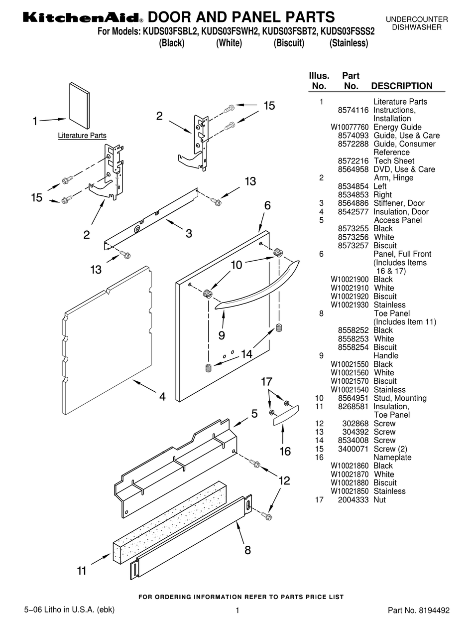 Kitchenaid Kuds03fsbl2 Parts List Pdf Download Manualslib