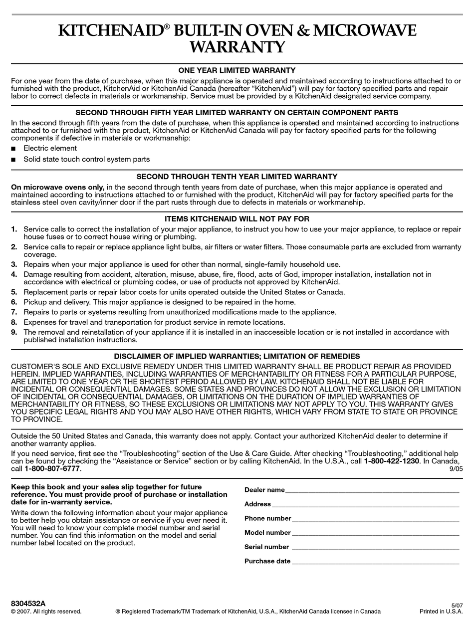 KITCHENAID 8304532A WARRANTY Pdf Download ManualsLib