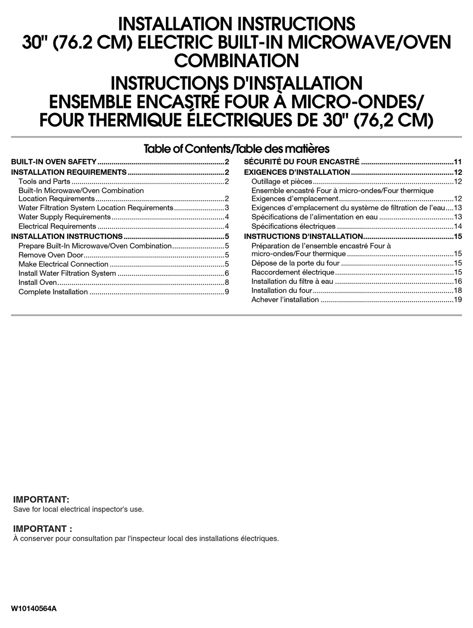 KITCHENAID ELECTRIC BUILT-IN MICROWAVE/OVEN COMBINATION INSTALLATION