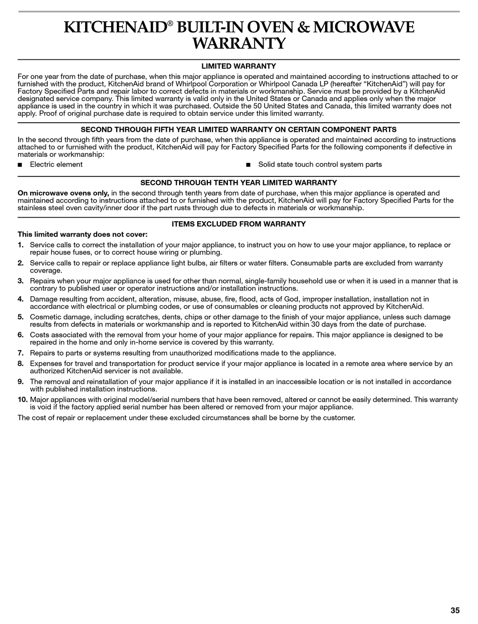KITCHENAID W10162200A LIMITED WARRANTY Pdf Download ManualsLib
