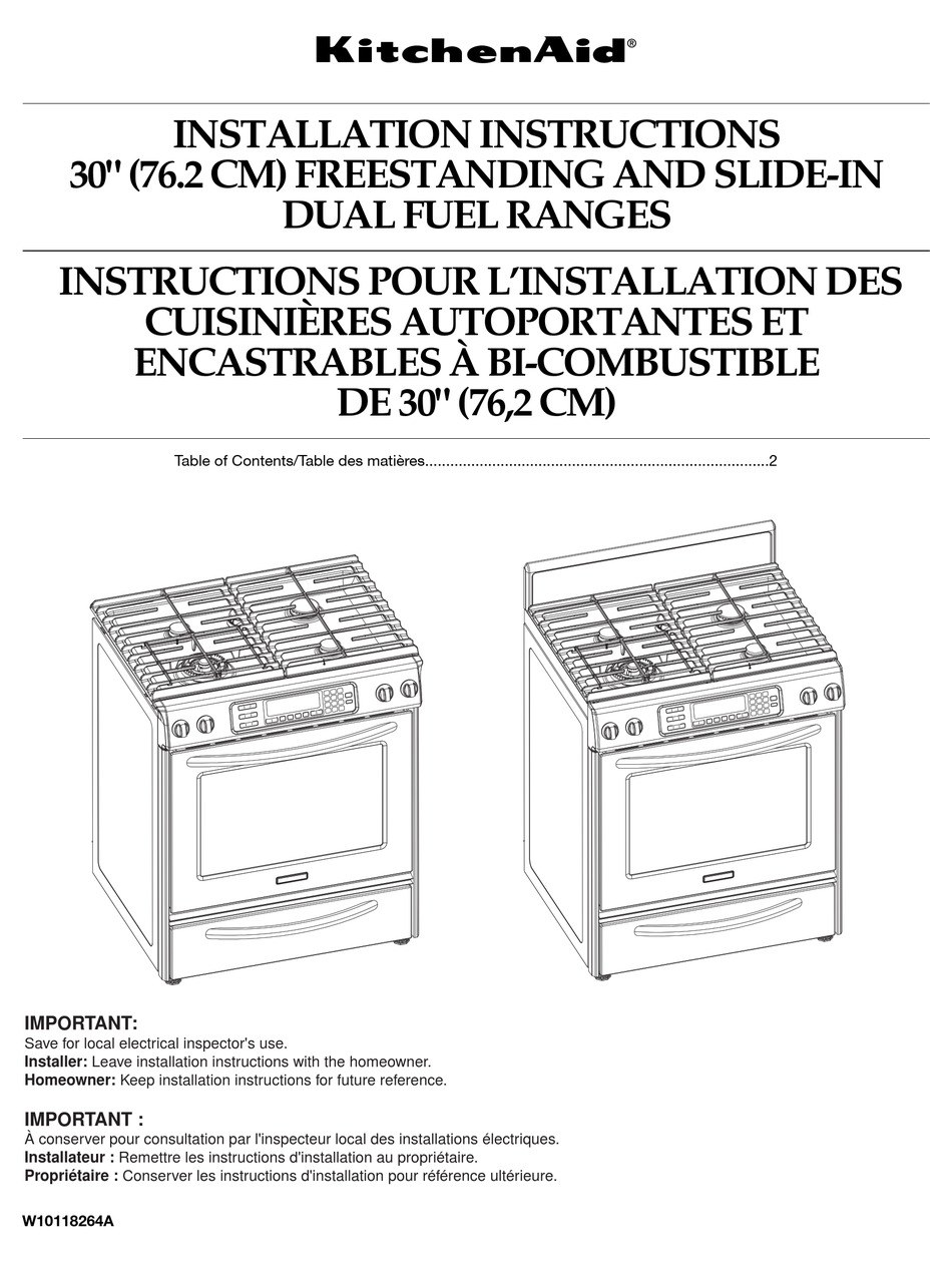 KITCHENAID DUALFUEL RANGES INSTALLATION INSTRUCTIONS MANUAL Pdf