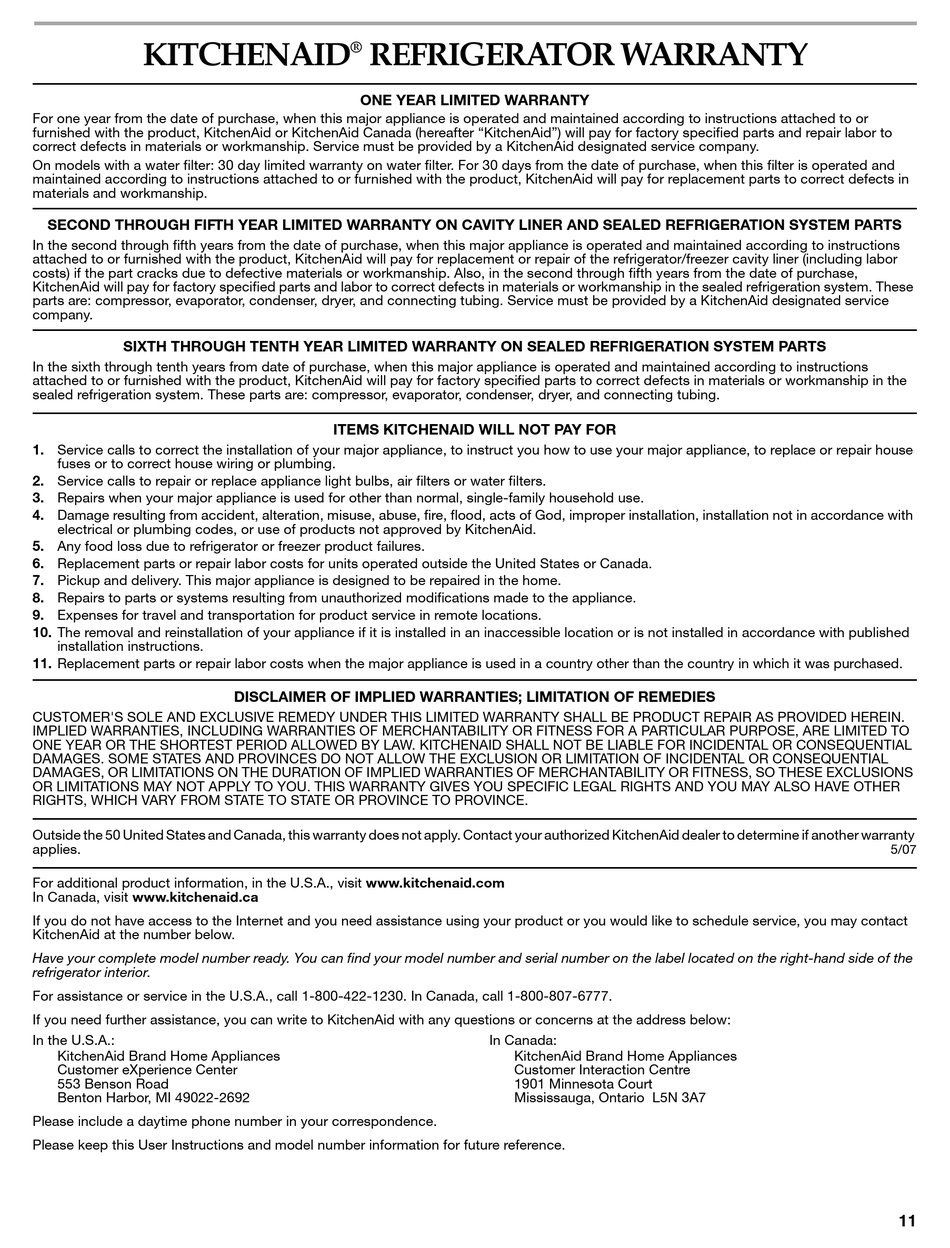 KITCHENAID KSCS25FSBL WARRANTY Pdf Download ManualsLib