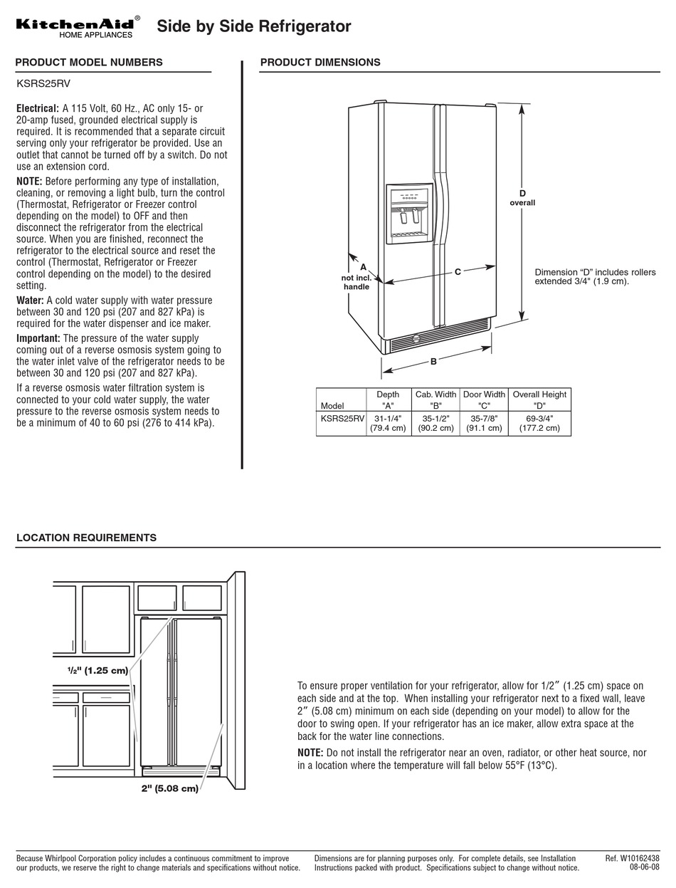 KITCHENAID KSRS25RV DIMENSIONS Pdf Download ManualsLib