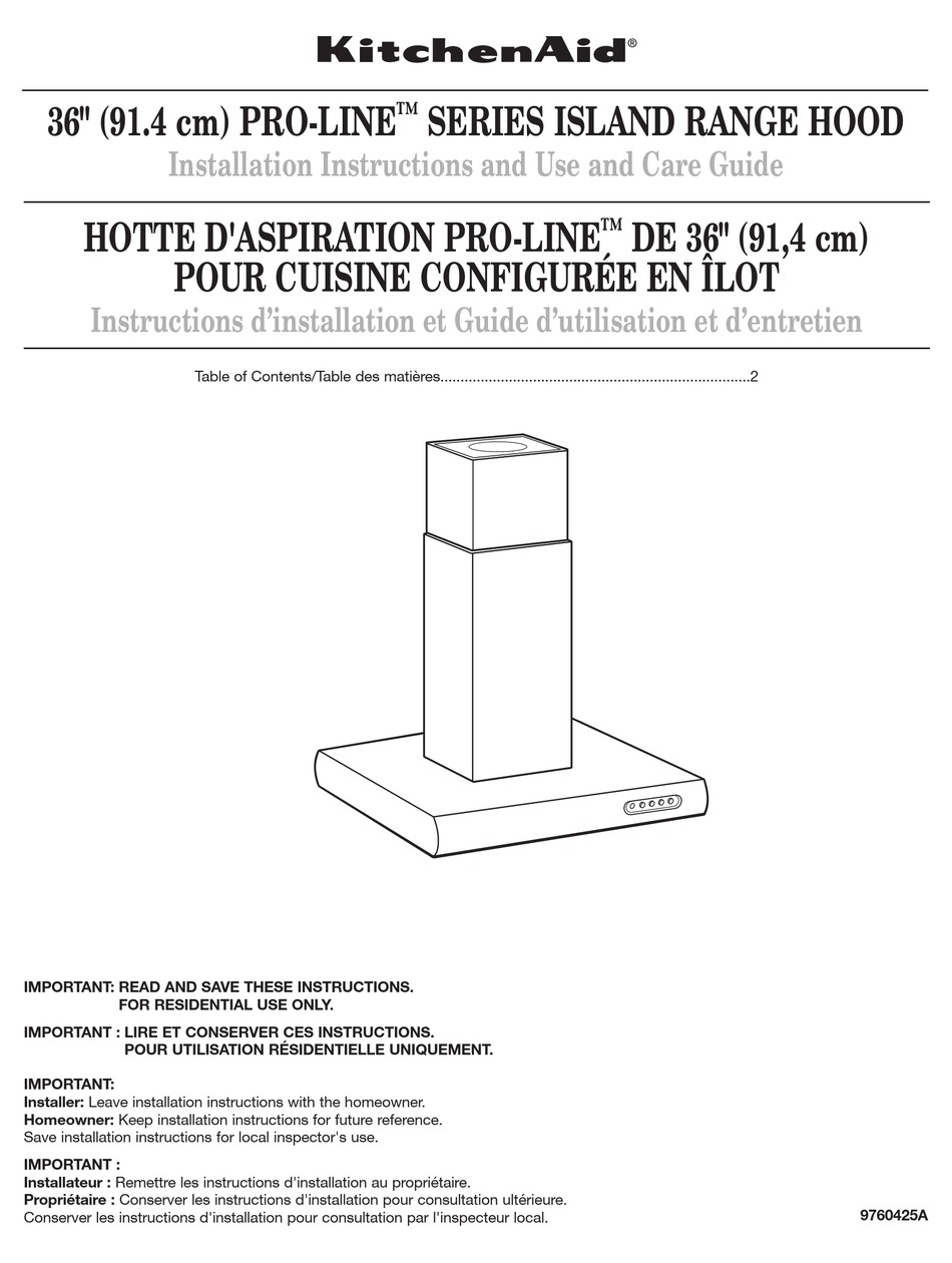 KITCHENAID 9760425A INSTALLATION INSTRUCTIONS AND USE AND CARE MANUAL