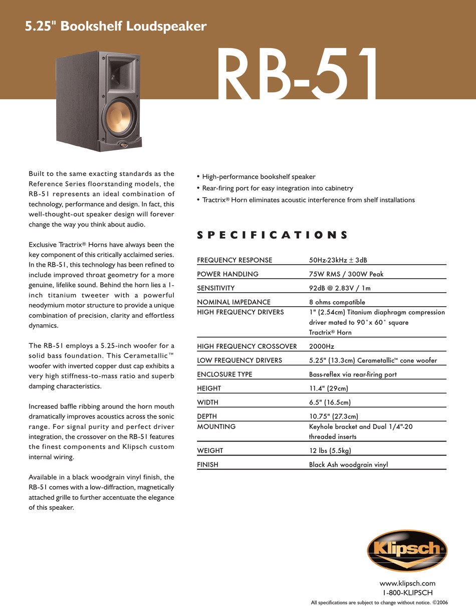 KLIPSCH REFERENCE SERIES RB-51 SPECIFICATIONS Pdf Download