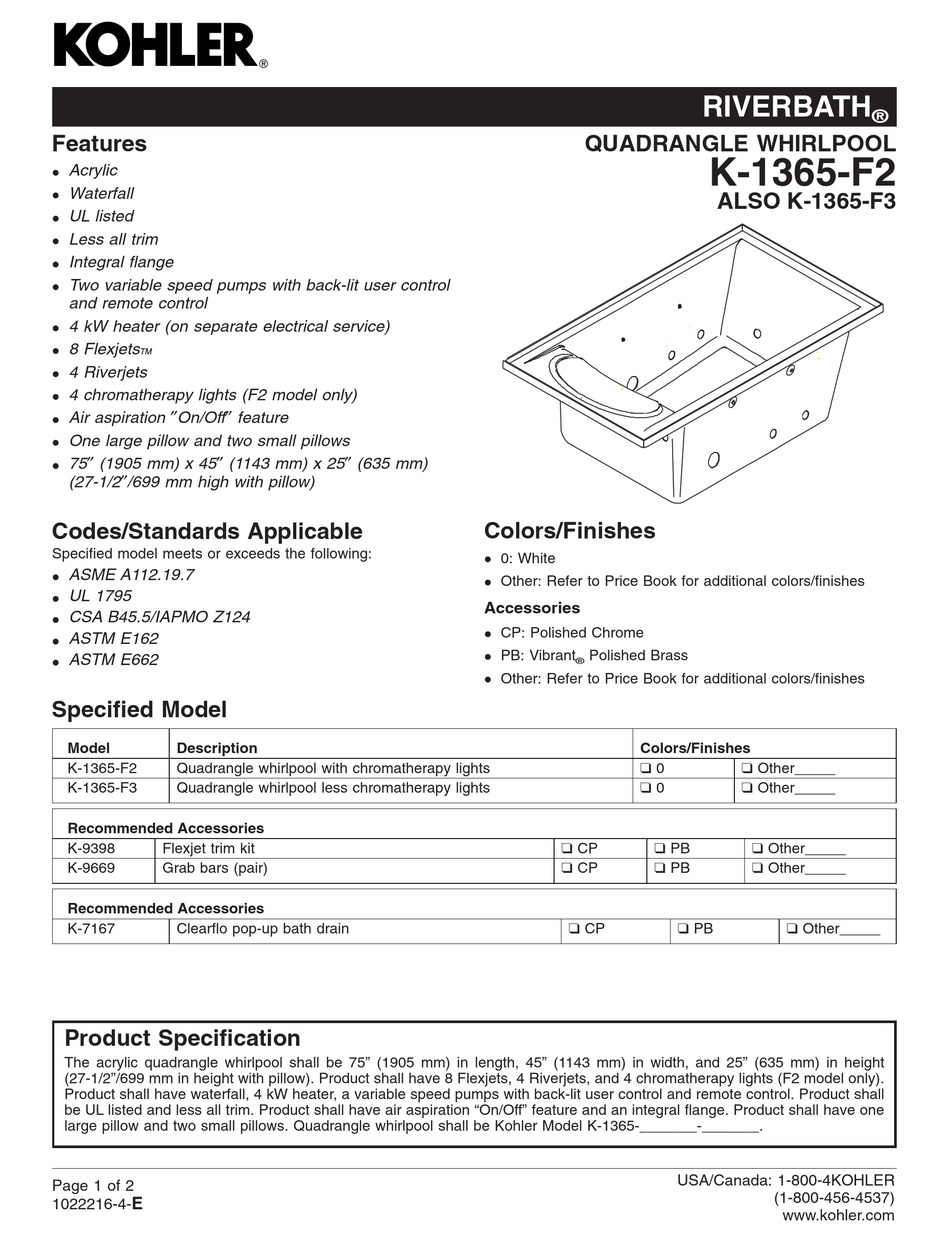 KOHLER RIVERBATH QUADRANGLE K1365F2 SPECIFICATION SHEET Pdf Download