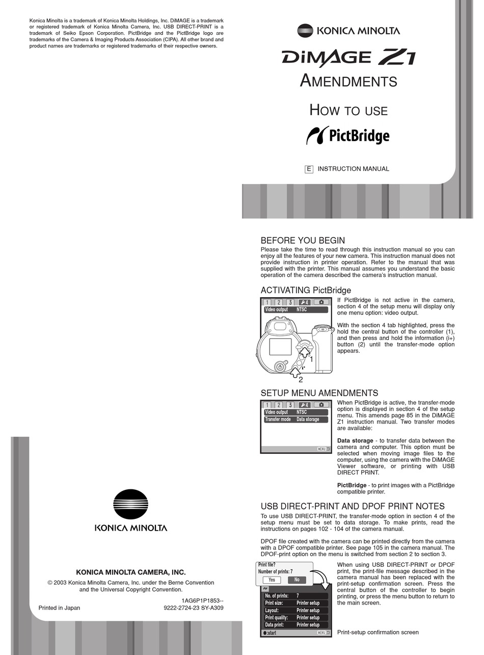 KONICA MINOLTA DIMAGE Z1 INSTRUCTION MANUAL Pdf Download