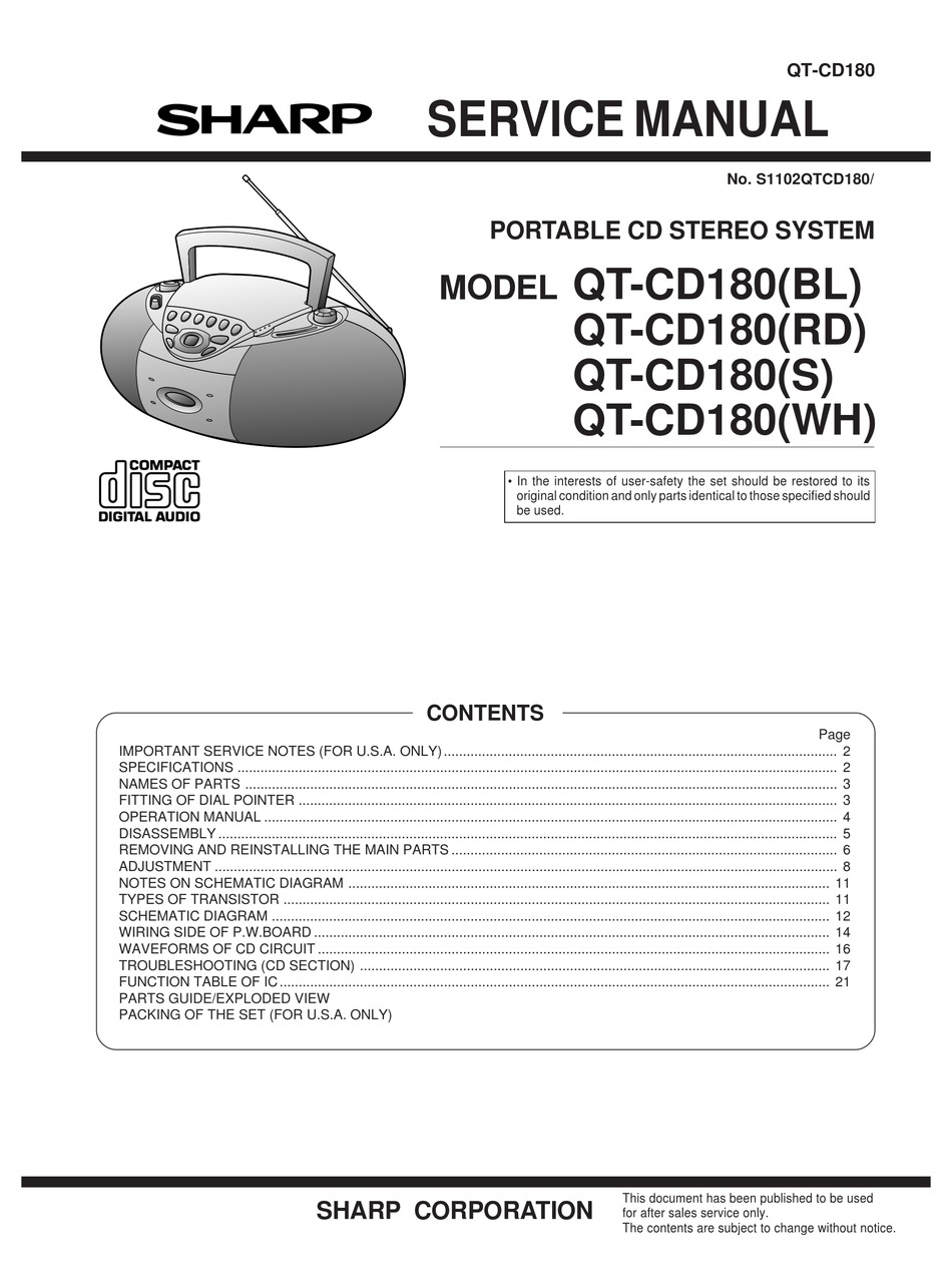 SHARP QT-CD180(BL) SERVICE MANUAL Pdf Download | ManualsLib