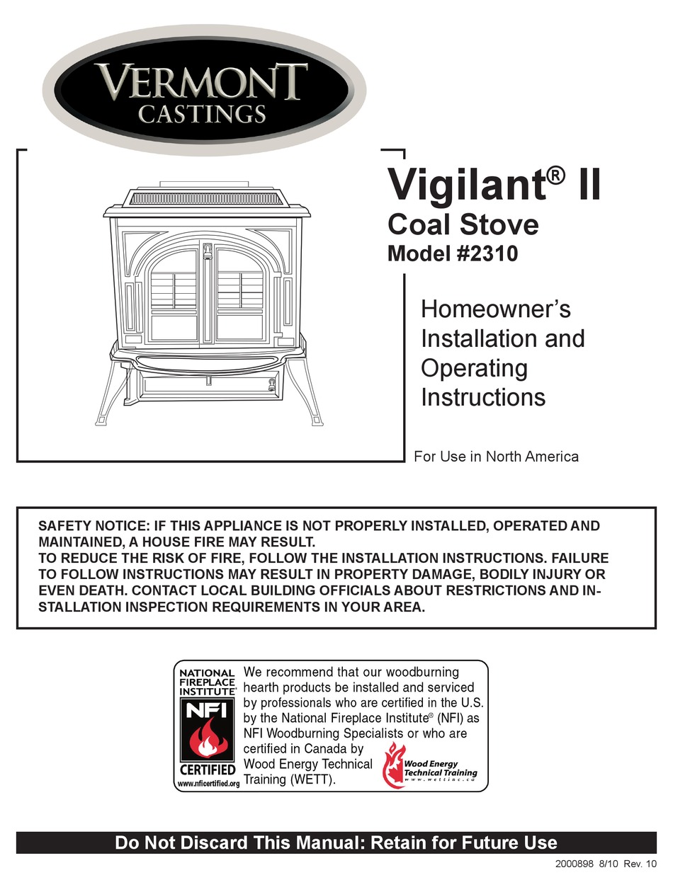VERMONT CASTINGS VIGILANT II 2310 HOMEOWNER'S INSTALLATION AND OPERATING INSTRUCTIONS  MANUAL Pdf Download | ManualsLib
