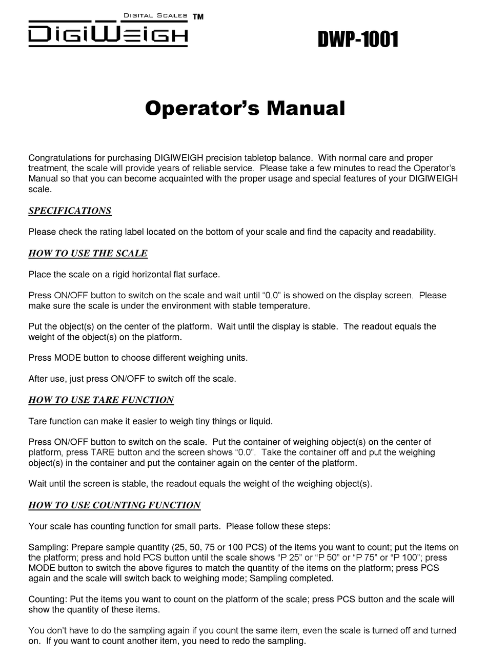 Digiweigh Scale Manual