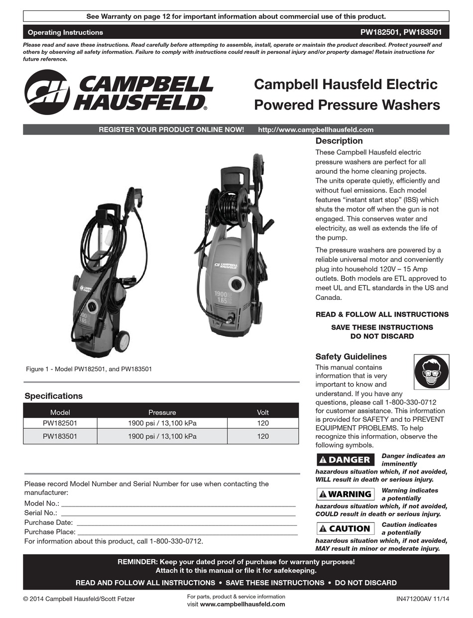 Campbell Hausfeld Pw182501 Operating Instructions Manual Pdf Download Manualslib