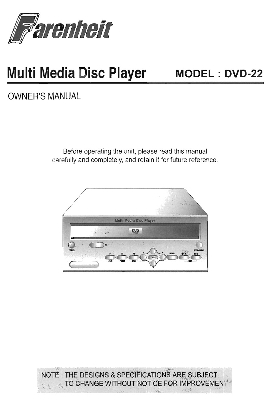 FARENHEIT DVD-22 OWNER'S MANUAL Pdf Download | ManualsLib