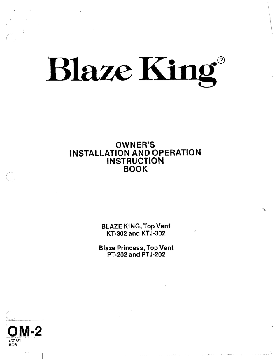 BLAZE KING KT302 OWNER'S INSTALLATION AND OPERATION BOOK Pdf Download