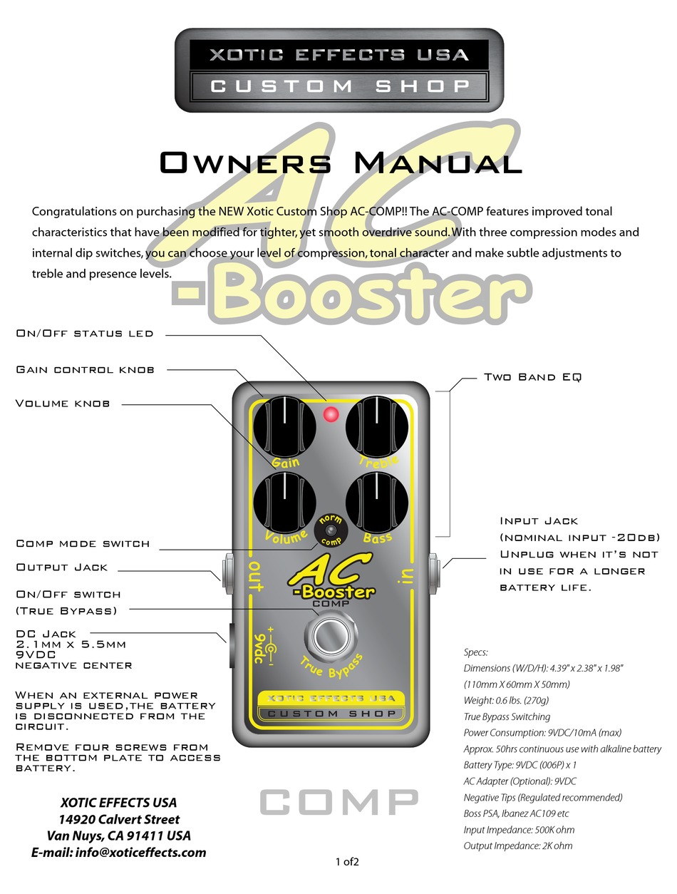 XOTIC CUSTOM SHOP AC-COMP OWNER'S MANUAL Pdf Download | ManualsLib