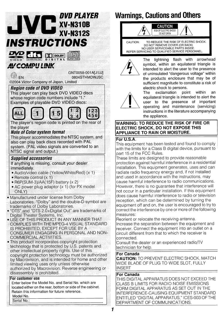 JVC XV-N310B INSTRUCTIONS MANUAL Pdf Download | ManualsLib