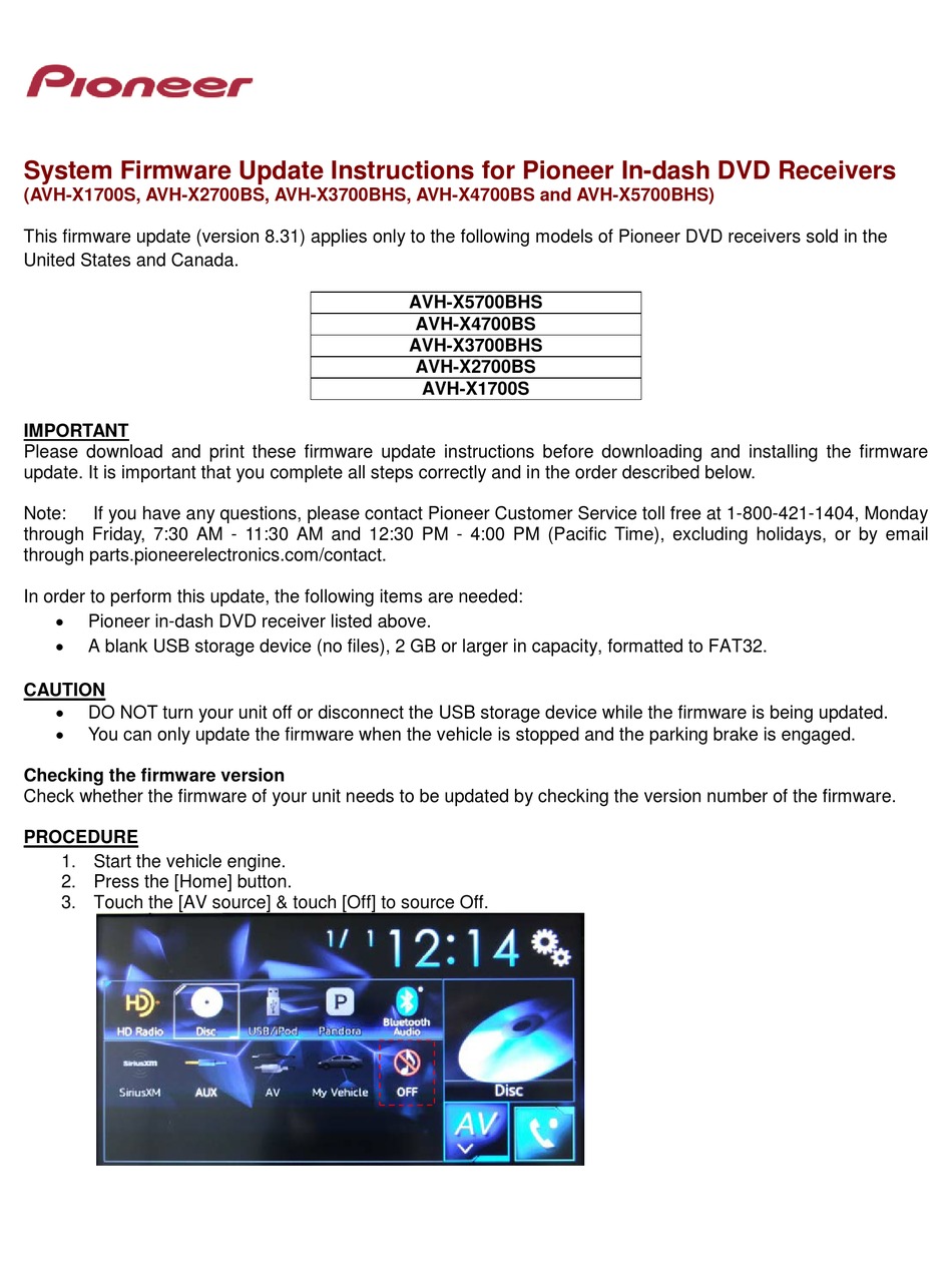 PIONEER AVHX5700BHS SYSTEM FIRMWARE UPDATE INSTRUCTIONS Pdf Download