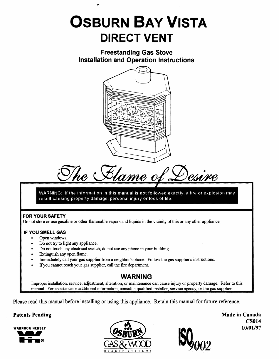 OSBURN BAY VISTA INSTALLATION AND OPERATION INSTRUCTIONS MANUAL Pdf  Download | ManualsLib