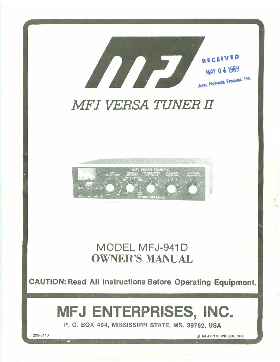 MFJ VERSA TUNER II 941D OWNER'S MANUAL Pdf Download | ManualsLib