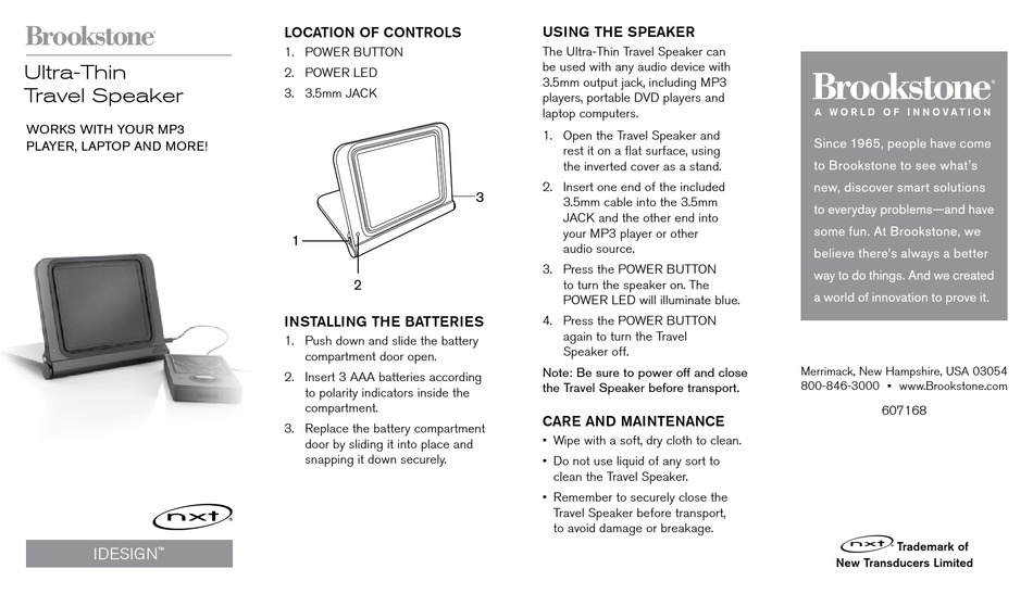 BROOKSTONE IDESIGN ULTRA THIN TRAVEL SPEAKER USER MANUAL Pdf