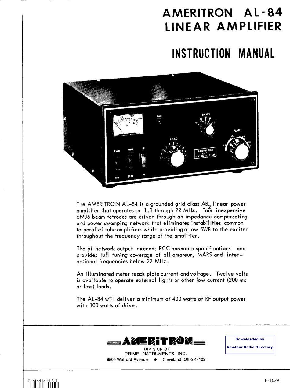AMERITRON AL-84 INSTRUCTION MANUAL Pdf Download | ManualsLib