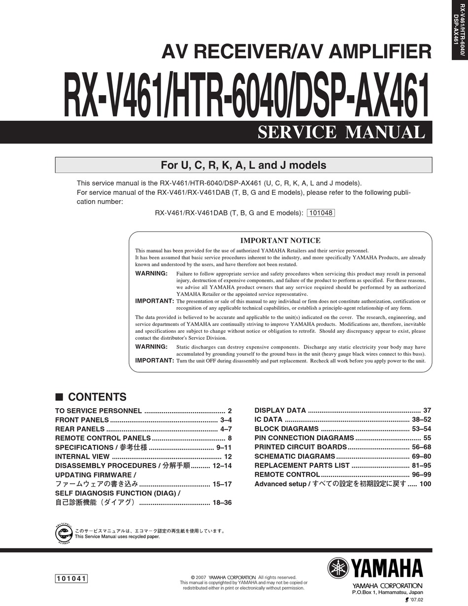 Yamaha Rx V461 Service Manual Pdf Download Manualslib