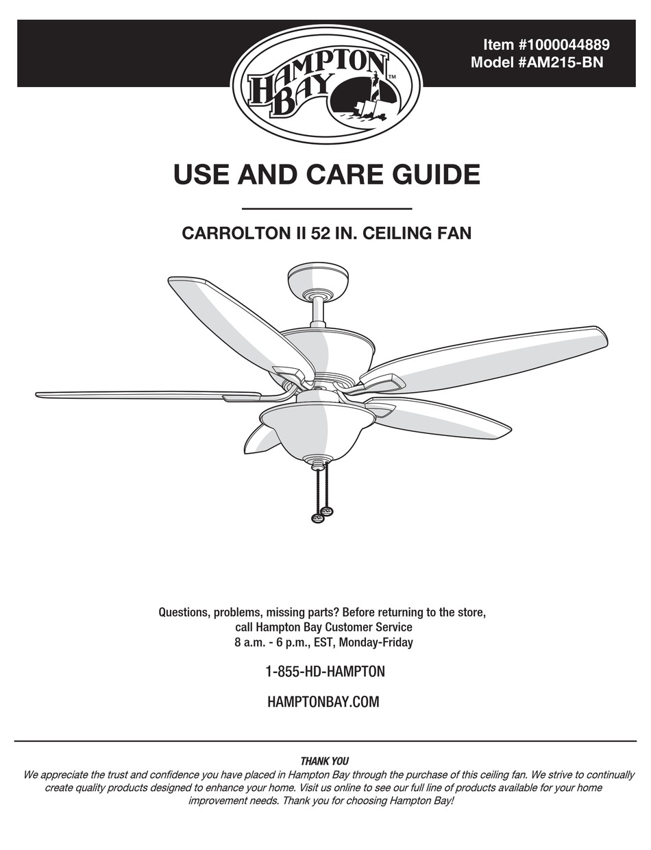 HAMPTON BAY 1000044889 AM215-BN USE AND CARE MANUAL Pdf Download