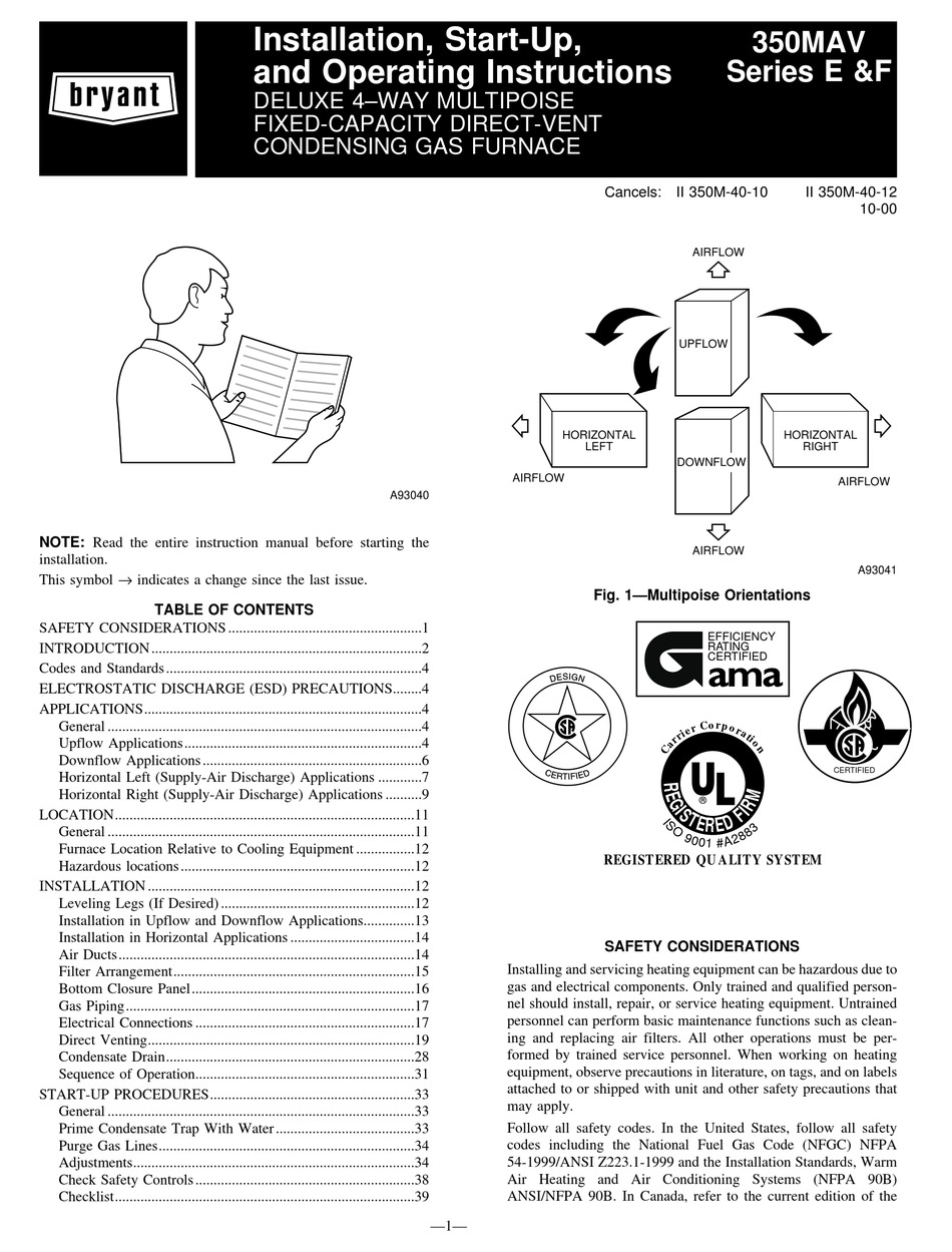 BRYANT 350MAV INSTALLATION, START-UP, AND OPERATING INSTRUCTIONS MANUAL