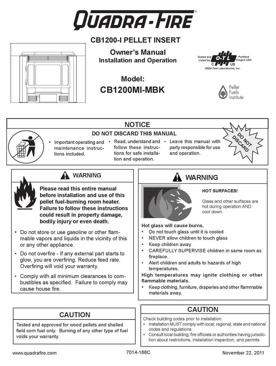 QUADRA-FIRE CB1200MI-MBK OWNER'S MANUAL INSTALLATION AND OPERATION Pdf