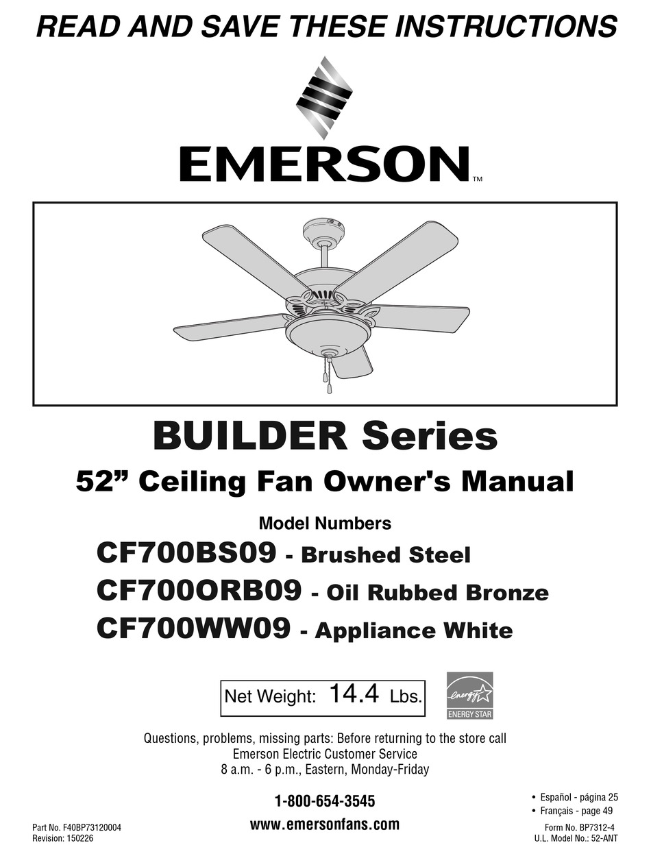 Emerson Builder Cf700bs09 Owner S