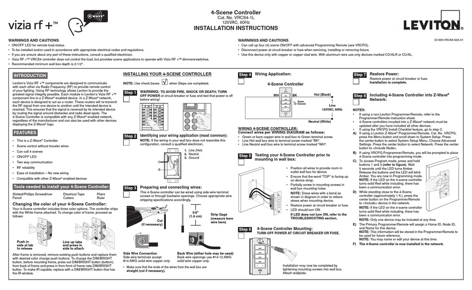 LEVITON VRCS41L VIZIA RF + INSTALLATION INSTRUCTIONS Pdf Download