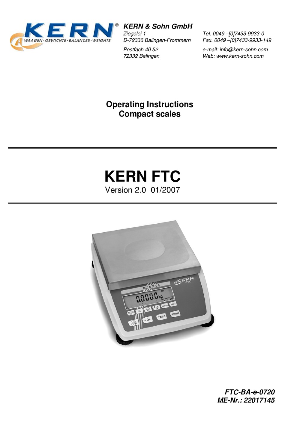 KERN FTC OPERATING INSTRUCTIONS MANUAL Pdf Download ManualsLib