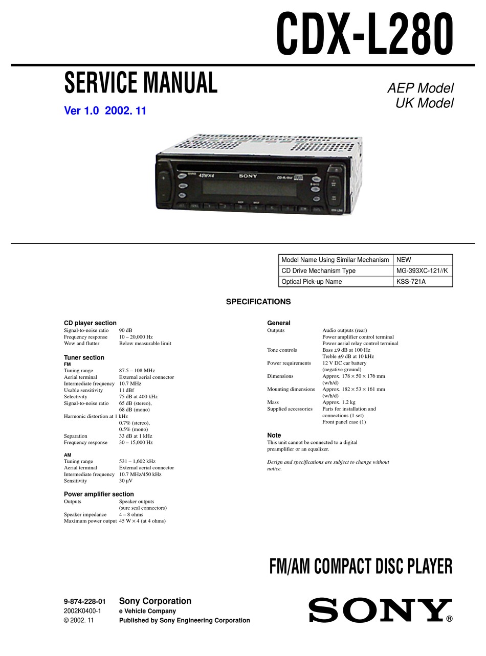 Sony Cdx L280 Service Manual Pdf