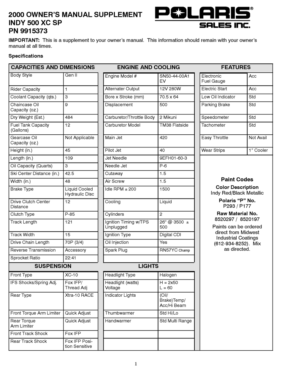 POLARIS 2000 INDY 500 XC SP OWNER'S MANUAL Pdf Download | ManualsLib